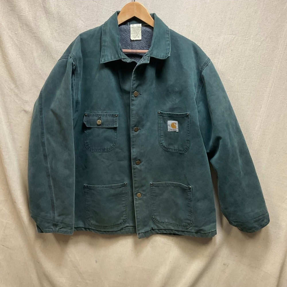 Vtg Carhartt CB143 Made in USA Hunter Green Blanket Lined Chore Coat XL CB143